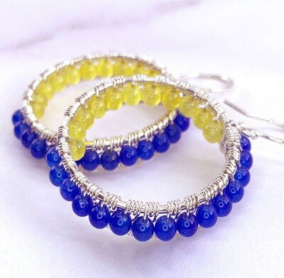 Inside-Out Beaded Blue and Yellow Onyx Hoop Earrings (Small) — E-0226yb - image1